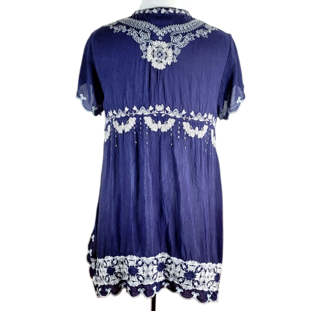 JOHNNY WAS Fletcher Embroidered Tunic Top Blue Grey Oversized Small - Picture 7 of 12